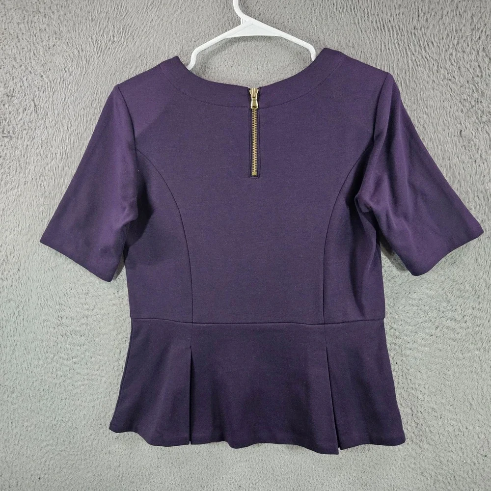 Talbots Womens Sz S Purple Ponte Knit Peplum Top Short Sleeve Exposed Zip Blouse - Picture 4 of 7